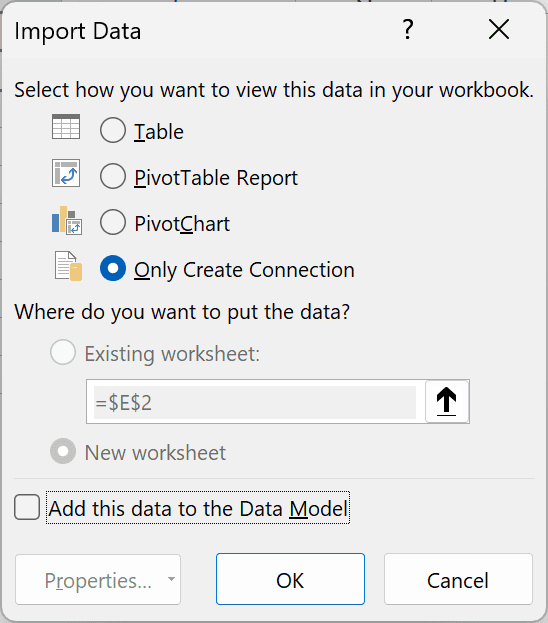 The Excel Import Data dialog has Only Create Connection selected.