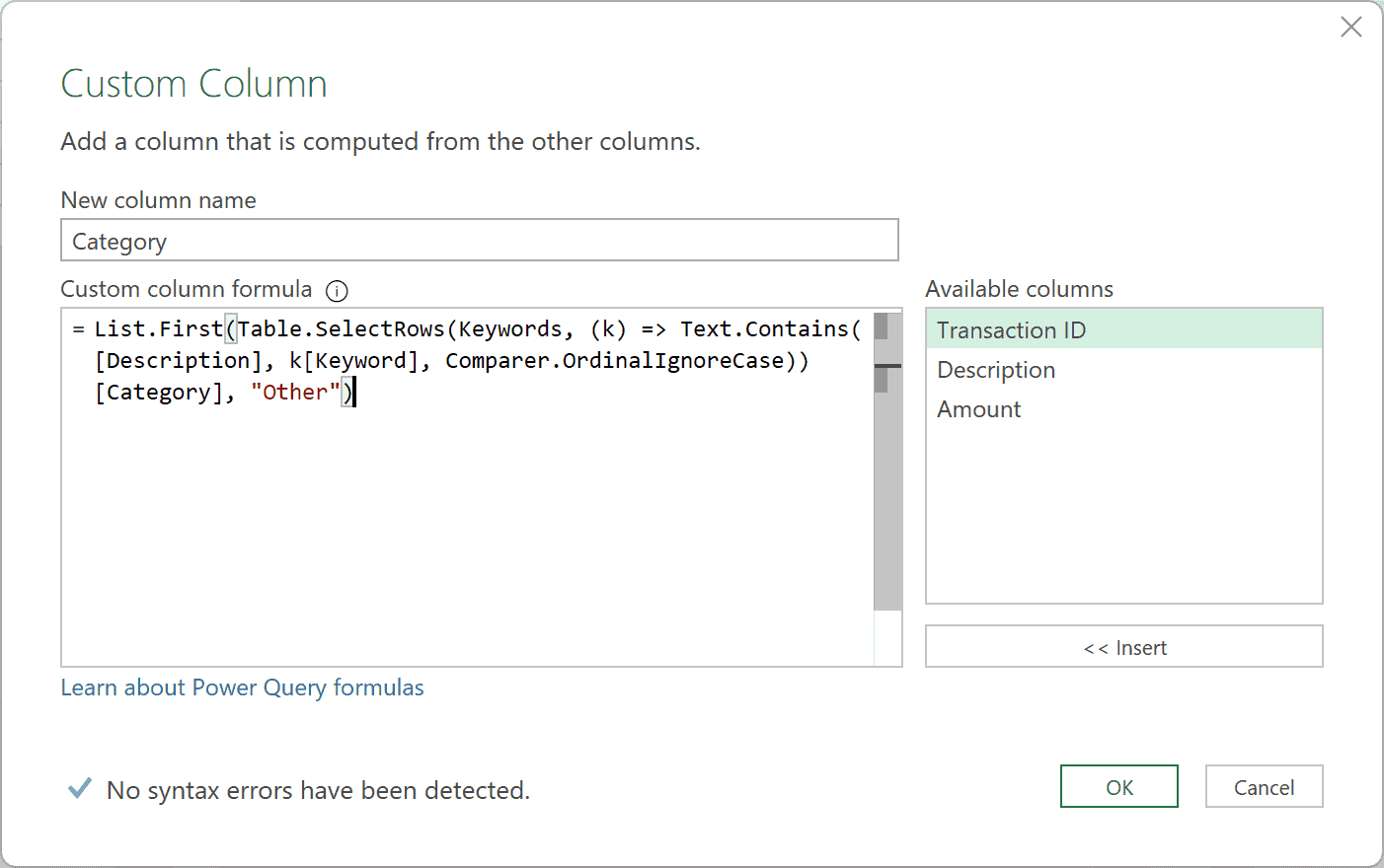 Power Query Custom Column dialog names Category and uses Table.SelectRows with Text.Contains, with no syntax errors.