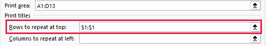 Rows to repeat at top is set to $1:$1 to repeat the first worksheet row.