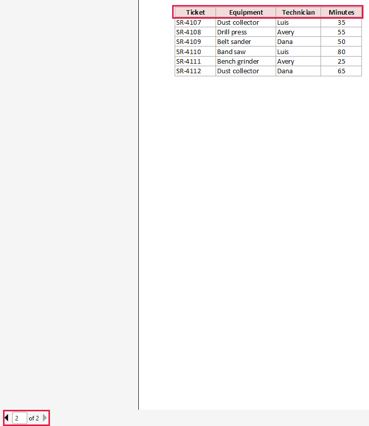 Page 2 of print preview repeats Ticket, Equipment, Technician, and Minutes above the service records.