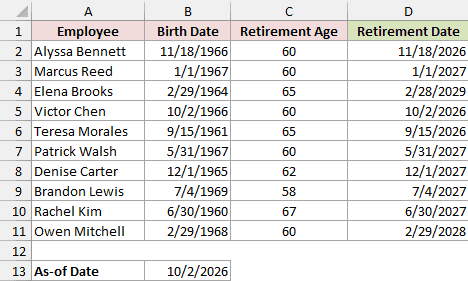 EDATE retirement dates and the fixed as-of date of October 2, 2026.
