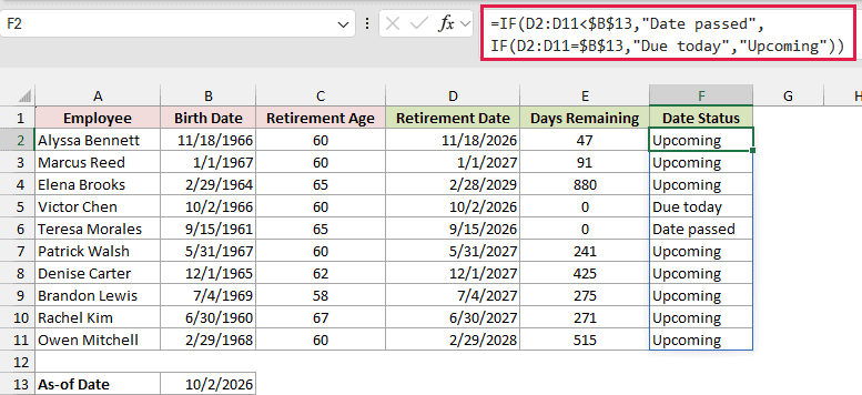 Nested IF labels retirement dates as Upcoming, Due today or Date passed relative to the as-of date.