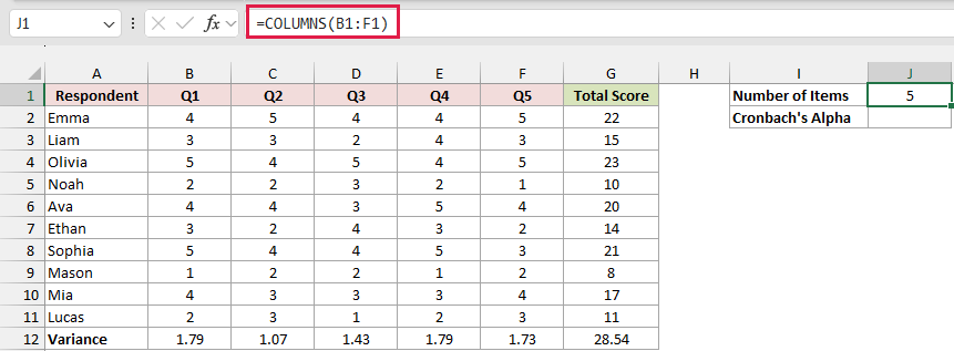 Selected J1 shows 5; formula bar displays =COLUMNS(B1:F1) above empty Cronbach's Alpha answer cell J2.