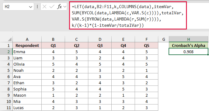 Excel shows H2 selected, one-cell LET formula in the formula bar returning Cronbach's alpha of 0.908.