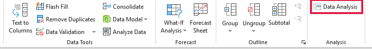 Excel Data tab with the Data Analysis button in the Analysis group.