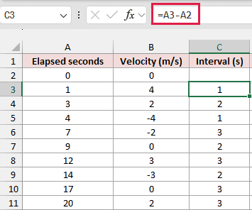 Excel interval formula for irregular velocity measurement times