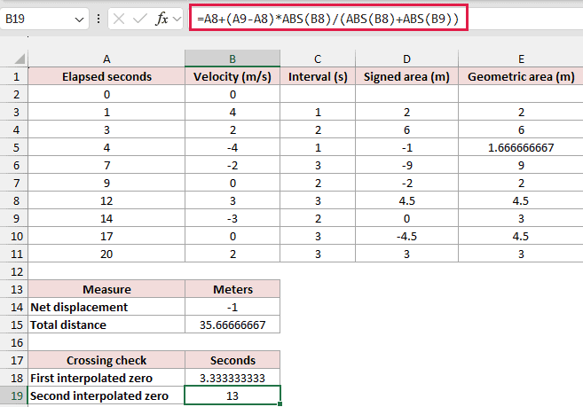Excel interpolation formula locating the second zero crossing at 13 seconds