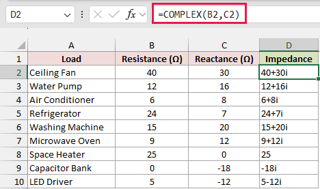 COMPLEX formula in D2 combining resistance and reactance into an impedance