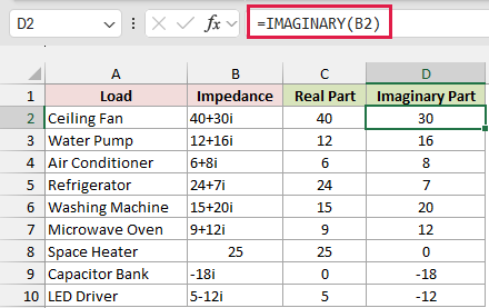 IMAGINARY formula in D2 returning the imaginary part of each impedance