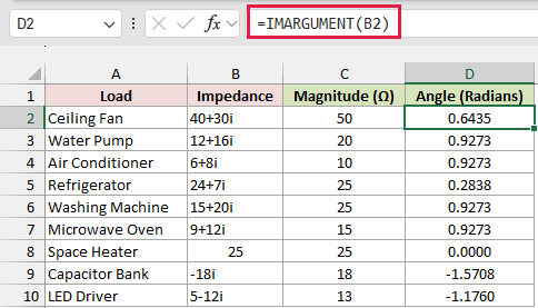 IMARGUMENT formula in D2 returning the angle in radians