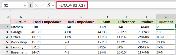IMDIV formula in G2 dividing Load 1 by Load 2