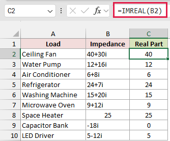 IMREAL formula in C2 returning the real part of each impedance