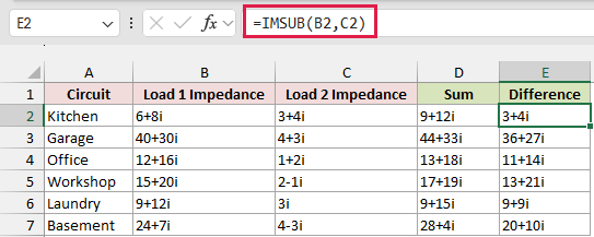 IMSUB formula in E2 subtracting Load 2 from Load 1