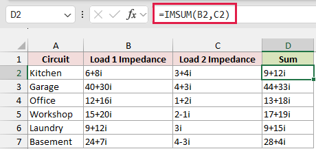 IMSUM formula in D2 adding the two impedances
