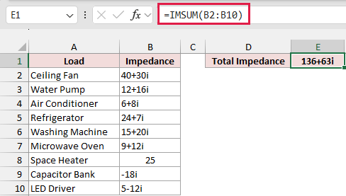 IMSUM formula in E1 adding the whole impedance column