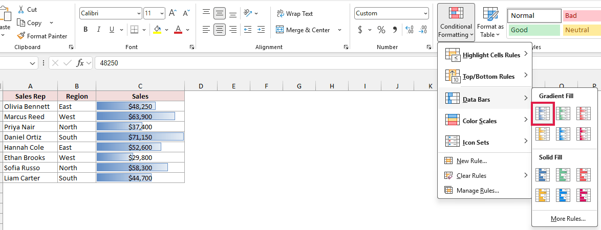 Data Bars menu previews blue gradient bars in the Sales column with Blue Data Bar hovered.