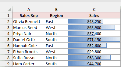 Blue gradient data bars appear behind sales amounts, with Daniel Ortiz showing the longest bar.