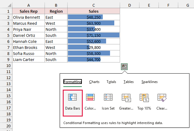 Quick Analysis opens below selected sales cells, with Data Bars highlighted on the Formatting tab.