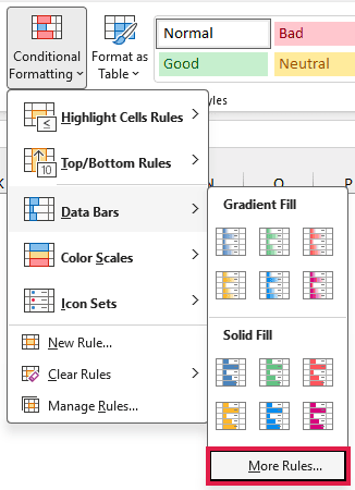 The Data Bars menu has More Rules highlighted to open custom formatting options.