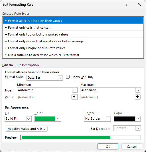 Edit Formatting Rule shows Solid Fill, a green bar color, and No Border selected.