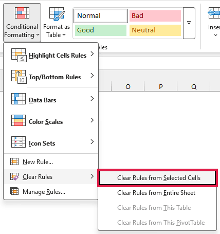 The Conditional Formatting Clear Rules submenu has Clear Rules from Selected Cells highlighted.