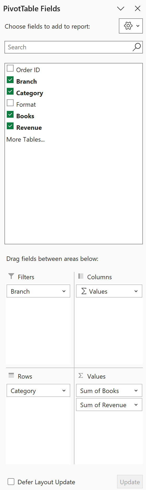PivotTable Fields pane with Branch in the Filters area