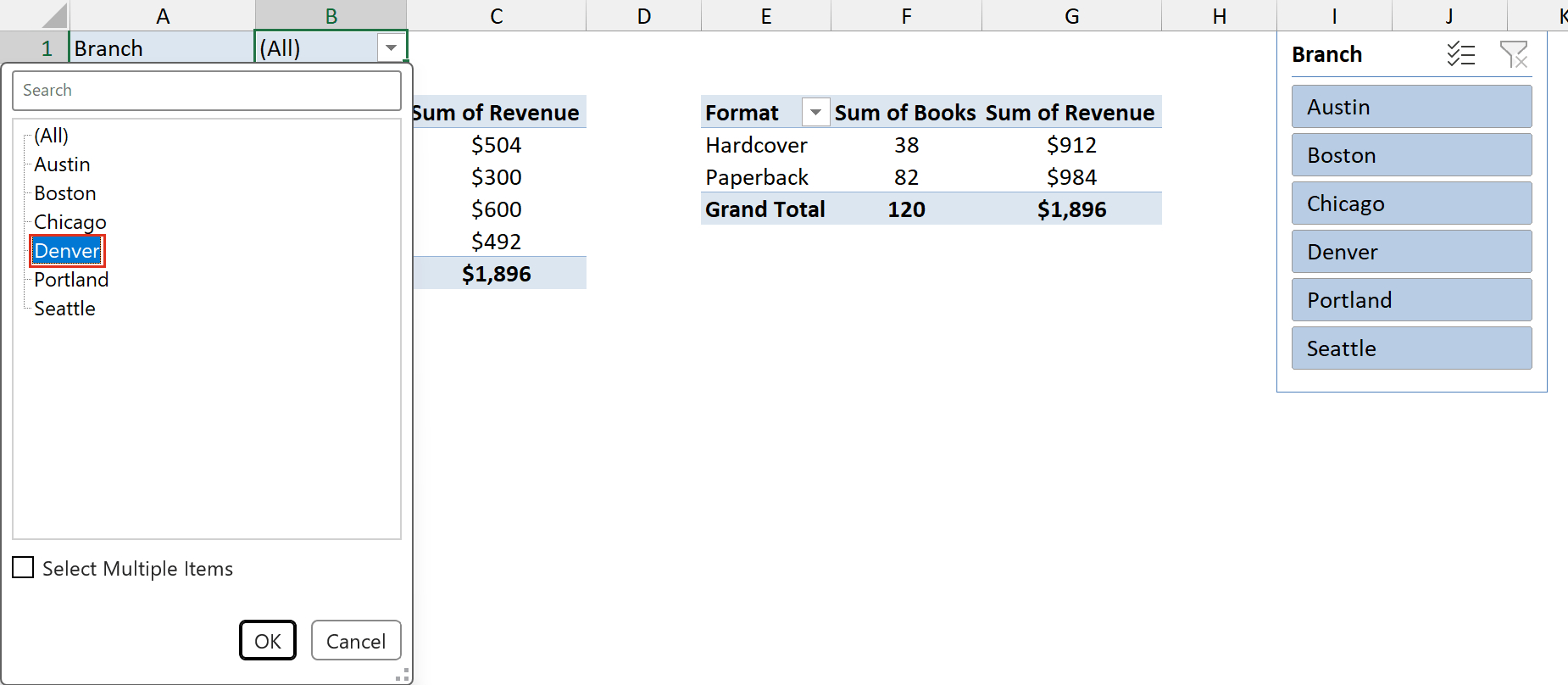 Report filter drop-down in B1 with Denver selected