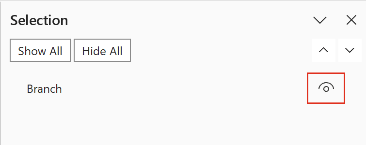 Selection Pane with the eye icon next to the Branch slicer