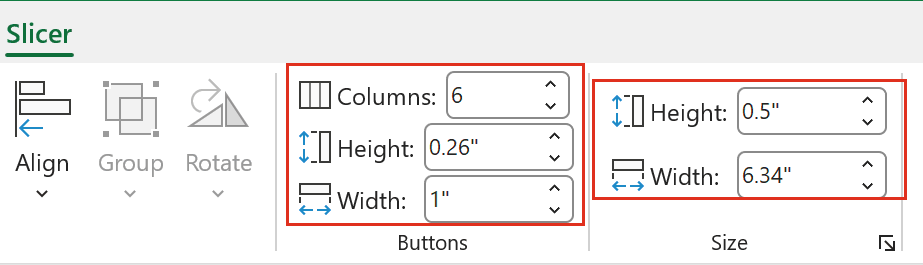 Slicer tab with Columns 6, button Width 1 inch, and slicer Height 0.5 inch