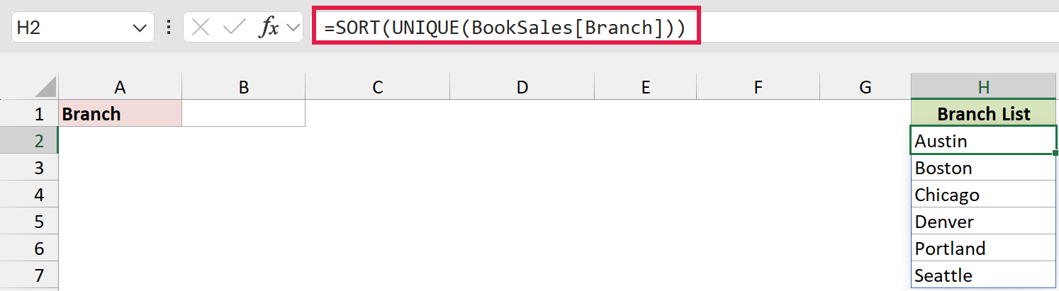 SORT and UNIQUE formula in H2 returning the six branches