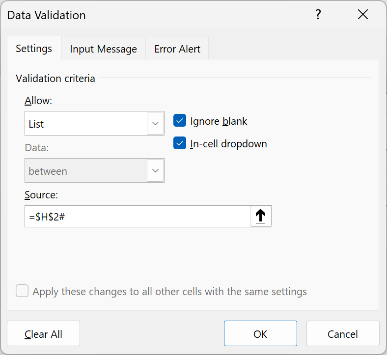 Data Validation dialog with List and =$H$2# as the source