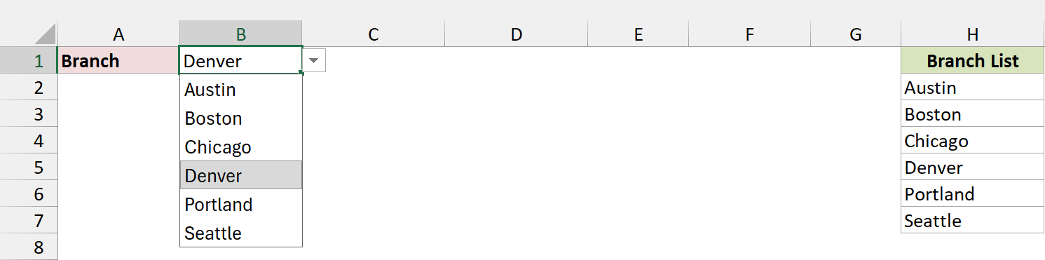 Branch drop-down in B1 open with Denver highlighted