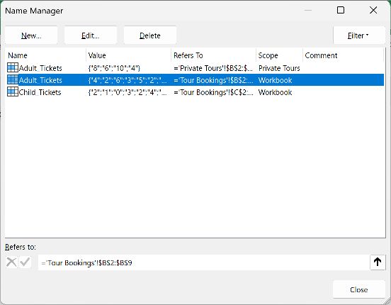 Select the workbook-level Adult_Tickets name for deletion