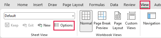 Options opens the list of saved Sheet Views.