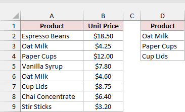 Price list shows Oat Milk at $4.25 and $4.60 beside three products awaiting lookup.