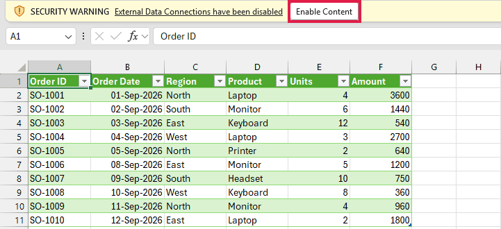 Yellow Excel Message Bar with the Enable Content button highlighted