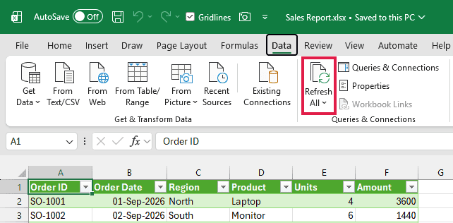 Excel Data tab with Refresh All highlighted for updating connected sales data