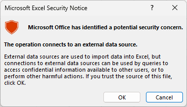 Microsoft Excel Security Notice warning about an external data source connection