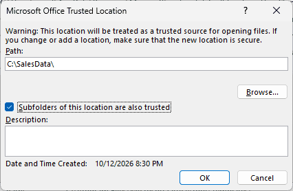 Microsoft Office Trusted Location dialog with the C:\SalesData\ folder path entered