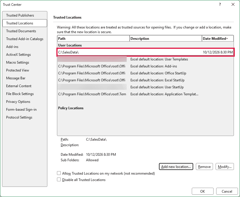 Excel Trusted Locations list showing C:\SalesData\ as a newly added trusted folder