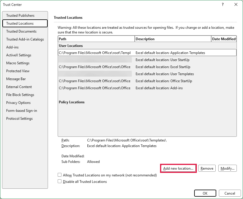 Excel Trusted Locations page with the Add new location button highlighted