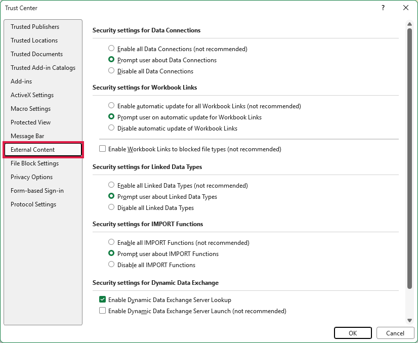 Excel External Content page showing security settings for Data Connections