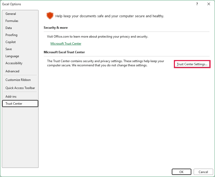 Excel Options window showing Trust Center and the highlighted Trust Center Settings button