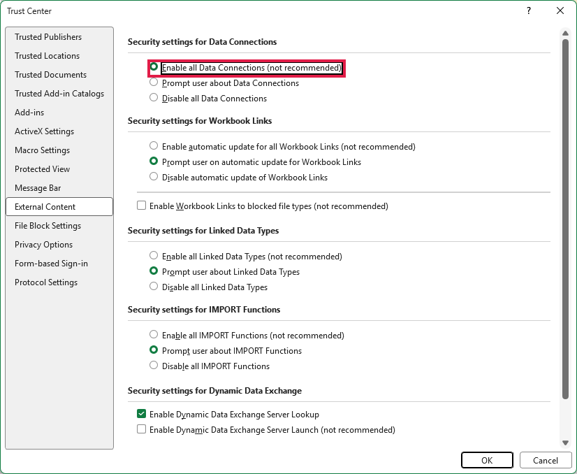 Excel External Content settings with Enable all Data Connections selected