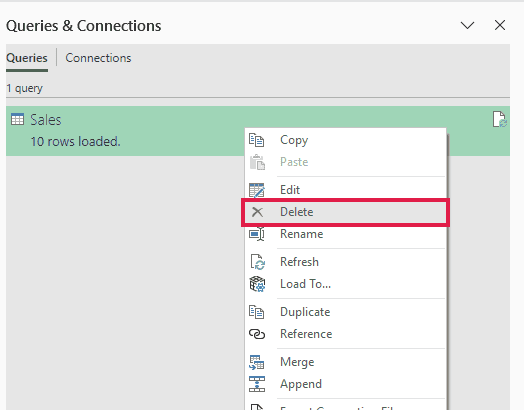 Queries and Connections pane showing the Sales query right-click menu with Delete highlighted