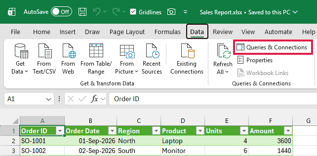 Excel Data tab with Queries and Connections highlighted above the sales table