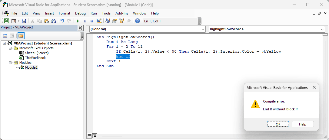 VBA compile error dialog with the unmatched End If selected in HighlightLowScores.