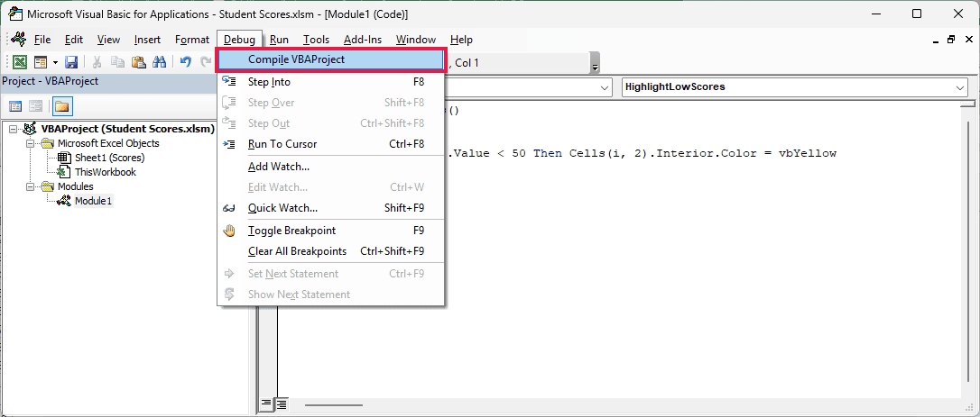 VB Editor Debug menu with Compile VBAProject outlined in red.