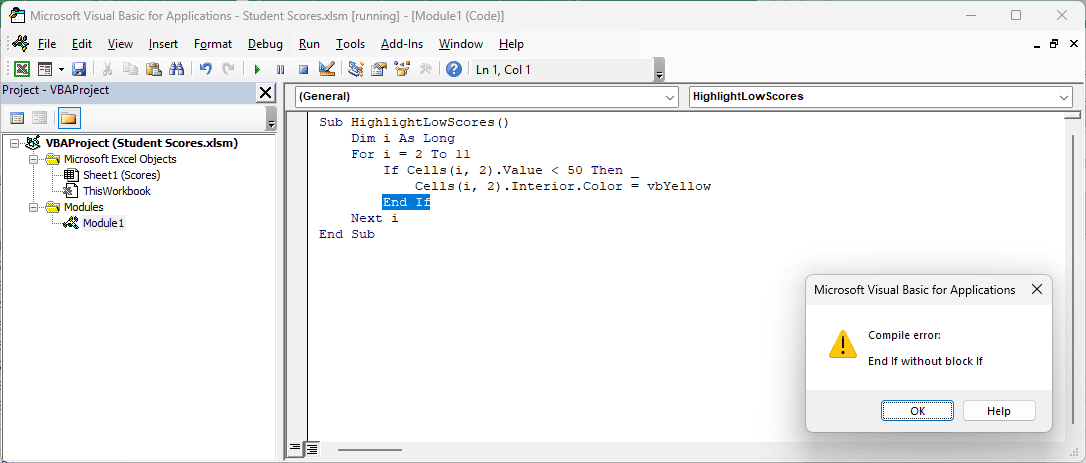VBA selects End If below a Then line ending with a continuation underscore.