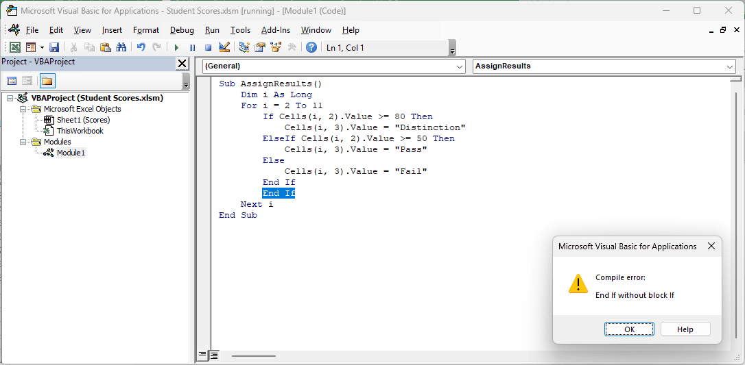 VBA selects the second End If in the AssignResults macro.